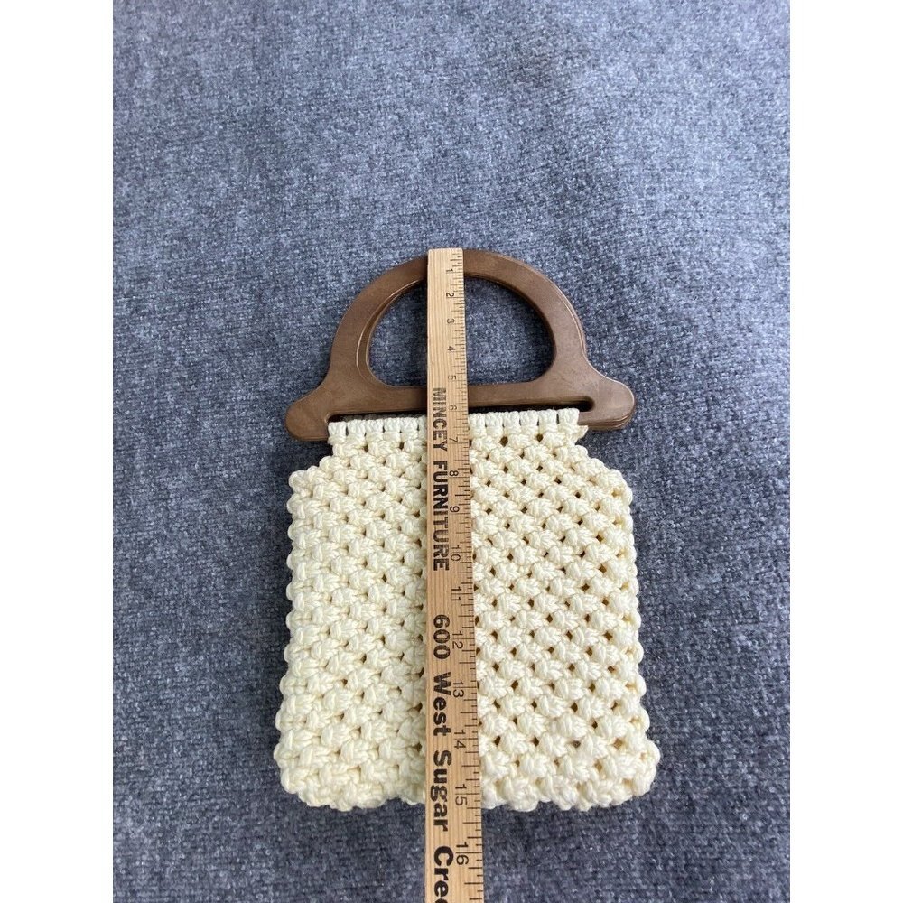 Vintage 70s‎ Macrame Handbag Cream Wooden Handles Boho Handmade Purse Festival - Picture 8 of 15